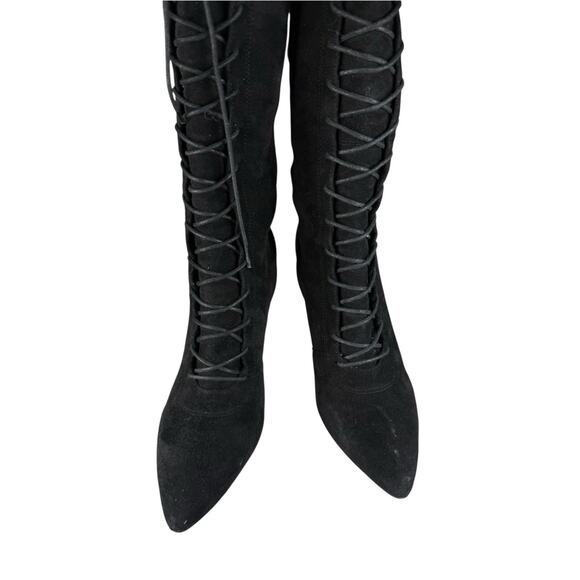Stuart Weitzman Highstring Suede Lace Up Over Knee Boots Black 6M - Picture 6 of 12